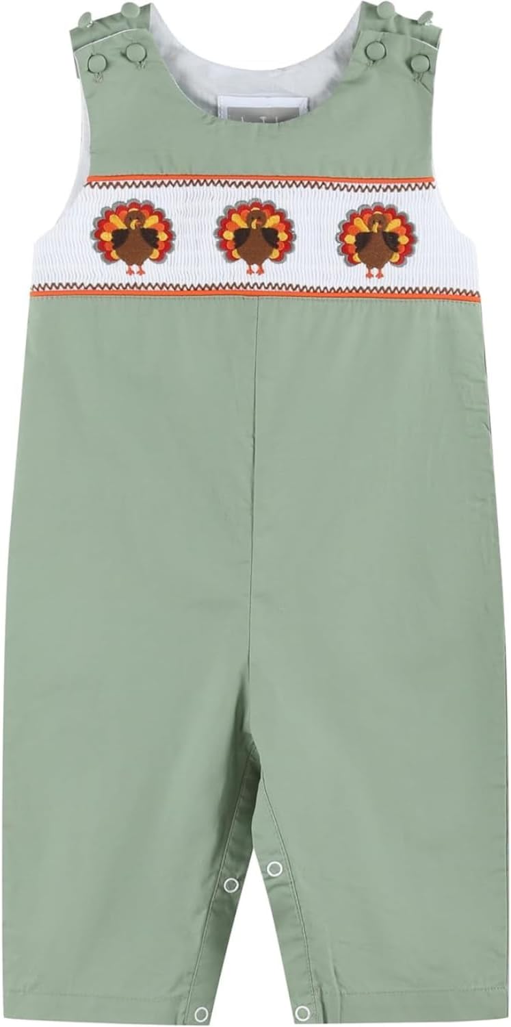 Lil cactus Sage Green Turkey Smocked Overalls