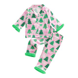 Toddler Kids Christmas Pajamas Tree Bows Print Pajama Girls Loungewear | Little Girl Christmas Pajamas Satin Lapel Fuzzy PJ Set Christmas Tree Bows Print Shirt Tops and Pants Kids Silk Sleepwear