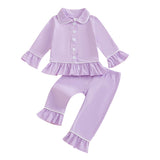 Biayxms Baby Kid Girls Ruffled Cotton Pajamas Set Long Sleeve Button Down Shirts Tops and Pants Matching 2PCS Pj Lounge Sets