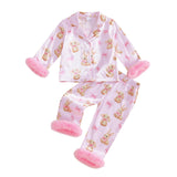 Toddler Kids Christmas Pajamas Tree Bows Print Pajama Girls Loungewear | Little Girl Christmas Pajamas Satin Lapel Fuzzy PJ Set Christmas Tree Bows Print Shirt Tops and Pants Kids Silk Sleepwear
