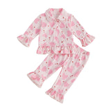Biayxms Baby Kid Girls Ruffled Cotton Pajamas Set Long Sleeve Button Down Shirts Tops and Pants Matching 2PCS Pj Lounge Sets