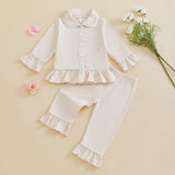 Biayxms Baby Kid Girls Ruffled Cotton Pajamas Set Long Sleeve Button Down Shirts Tops and Pants Matching 2PCS Pj Lounge Sets