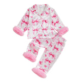 Toddler Kids Christmas Pajamas Tree Bows Print Pajama Girls Loungewear | Little Girl Christmas Pajamas Satin Lapel Fuzzy PJ Set Christmas Tree Bows Print Shirt Tops and Pants Kids Silk Sleepwear