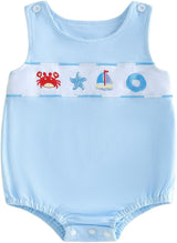 GOOCHEER Newborn Baby Boy Girl Summer Outfit Sailboat Lobster Smocked Bubble Romper Sleeveless Plaid Striped Bodysuit Clothes