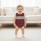 Newborn Baby Boy Christmas Outfit Embroidery Sleeveless Smocked Bubble Romper Plaid Overalls Bodysuit Winter Clothes