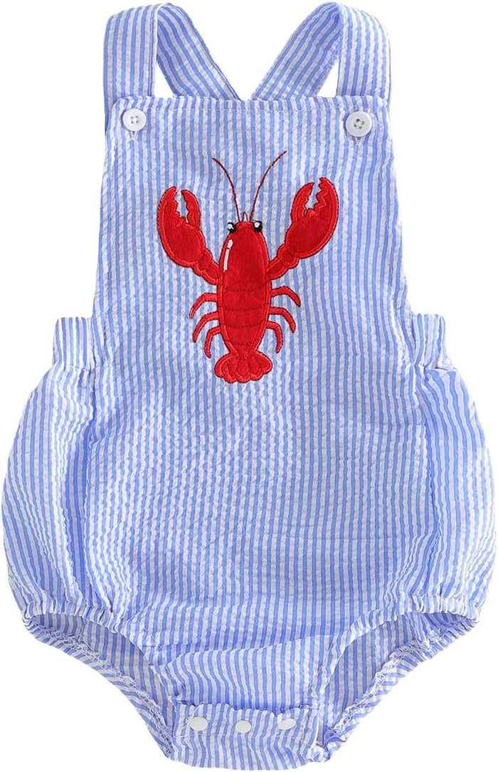 GOOCHEER Newborn Baby Boy Girl Summer Outfit Sailboat Lobster Smocked Bubble Romper Sleeveless Plaid Striped Bodysuit Clothes