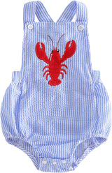 GOOCHEER Newborn Baby Boy Girl Summer Outfit Sailboat Lobster Smocked Bubble Romper Sleeveless Plaid Striped Bodysuit Clothes