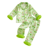 Toddler Kids Christmas Pajamas Tree Bows Print Pajama Girls Loungewear | Little Girl Christmas Pajamas Satin Lapel Fuzzy PJ Set Christmas Tree Bows Print Shirt Tops and Pants Kids Silk Sleepwear