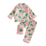Toddler Kids Christmas Pajamas Tree Bows Print Pajama Girls Loungewear | Little Girl Christmas Pajamas Satin Lapel Fuzzy PJ Set Christmas Tree Bows Print Shirt Tops and Pants Kids Silk Sleepwear