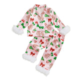 Toddler Kids Christmas Pajamas Tree Bows Print Pajama Girls Loungewear | Little Girl Christmas Pajamas Satin Lapel Fuzzy PJ Set Christmas Tree Bows Print Shirt Tops and Pants Kids Silk Sleepwear