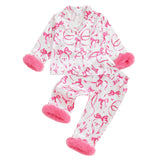 Toddler Kids Christmas Pajamas Tree Bows Print Pajama Girls Loungewear | Little Girl Christmas Pajamas Satin Lapel Fuzzy PJ Set Christmas Tree Bows Print Shirt Tops and Pants Kids Silk Sleepwear
