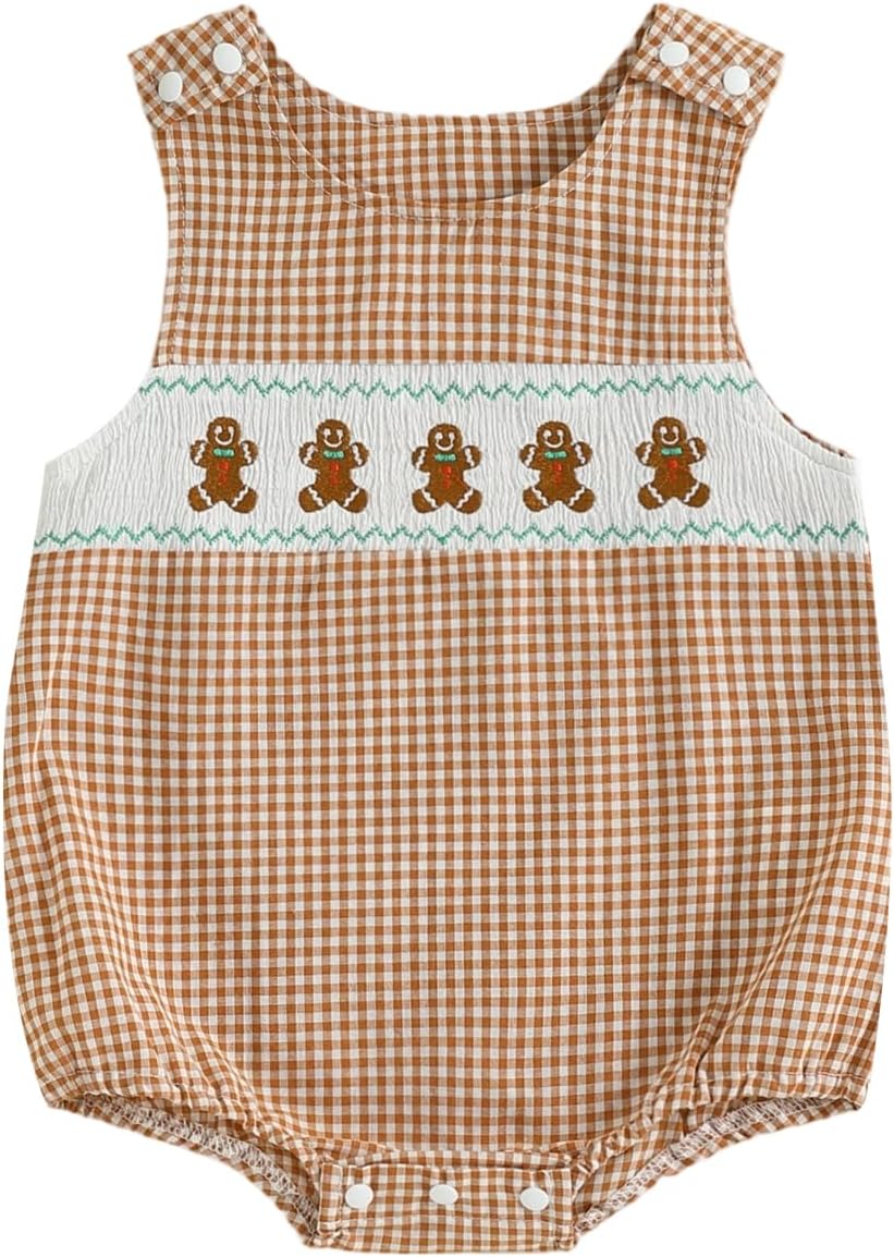 Newborn Baby Boy Christmas Outfit Embroidery Sleeveless Smocked Bubble Romper Plaid Overalls Bodysuit Winter Clothes