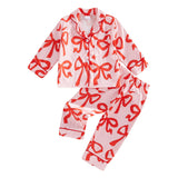 Toddler Kids Christmas Pajamas Tree Bows Print Pajama Girls Loungewear | Little Girl Christmas Pajamas Satin Lapel Fuzzy PJ Set Christmas Tree Bows Print Shirt Tops and Pants Kids Silk Sleepwear