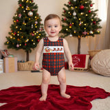 Newborn Baby Boy Christmas Outfit Embroidery Sleeveless Smocked Bubble Romper Plaid Overalls Bodysuit Winter Clothes