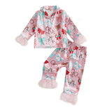Toddler Kids Christmas Pajamas Tree Bows Print Pajama Girls Loungewear | Little Girl Christmas Pajamas Satin Lapel Fuzzy PJ Set Christmas Tree Bows Print Shirt Tops and Pants Kids Silk Sleepwear