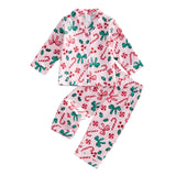 Toddler Kids Christmas Pajamas Tree Bows Print Pajama Girls Loungewear | Little Girl Christmas Pajamas Satin Lapel Fuzzy PJ Set Christmas Tree Bows Print Shirt Tops and Pants Kids Silk Sleepwear