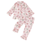Biayxms Baby Kid Girls Ruffled Cotton Pajamas Set Long Sleeve Button Down Shirts Tops and Pants Matching 2PCS Pj Lounge Sets