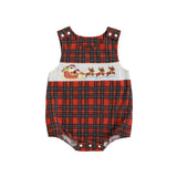 Newborn Baby Boy Christmas Outfit Embroidery Sleeveless Smocked Bubble Romper Plaid Overalls Bodysuit Winter Clothes