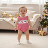 Newborn Baby Boy Christmas Outfit Embroidery Sleeveless Smocked Bubble Romper Plaid Overalls Bodysuit Winter Clothes