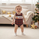 Newborn Baby Boy Christmas Outfit Embroidery Sleeveless Smocked Bubble Romper Plaid Overalls Bodysuit Winter Clothes