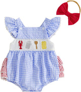 GOOCHEER Newborn Baby Boy Girl Summer Outfit Sailboat Lobster Smocked Bubble Romper Sleeveless Plaid Striped Bodysuit Clothes