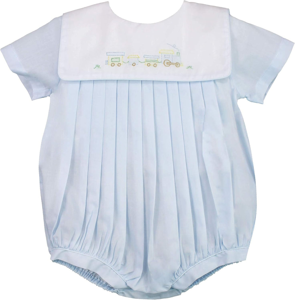 Petit Ami Baby Boys' Square Collar Romper with Train Embroidery