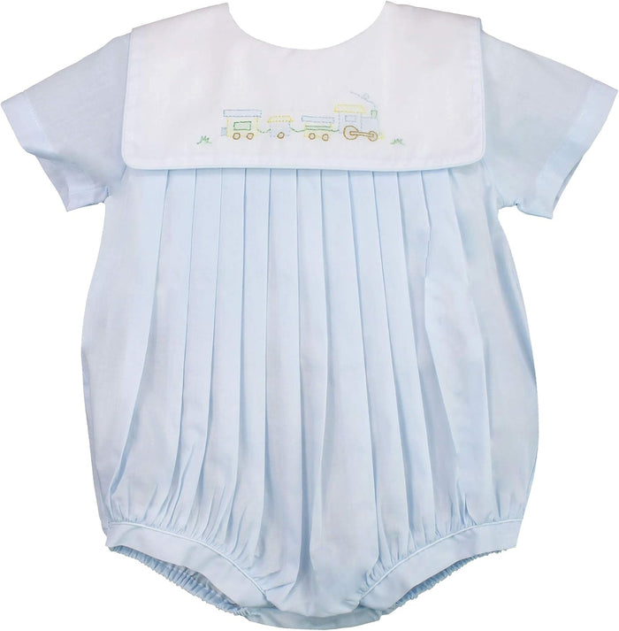 Petit Ami Baby Boys' Square Collar Romper with Train Embroidery