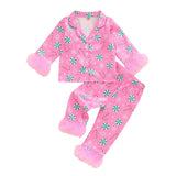 Toddler Kids Christmas Pajamas Tree Bows Print Pajama Girls Loungewear | Little Girl Christmas Pajamas Satin Lapel Fuzzy PJ Set Christmas Tree Bows Print Shirt Tops and Pants Kids Silk Sleepwear