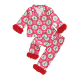 Toddler Kids Christmas Pajamas Tree Bows Print Pajama Girls Loungewear | Little Girl Christmas Pajamas Satin Lapel Fuzzy PJ Set Christmas Tree Bows Print Shirt Tops and Pants Kids Silk Sleepwear