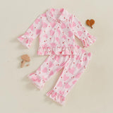 Biayxms Baby Kid Girls Ruffled Cotton Pajamas Set Long Sleeve Button Down Shirts Tops and Pants Matching 2PCS Pj Lounge Sets