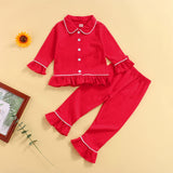 Biayxms Baby Kid Girls Ruffled Cotton Pajamas Set Long Sleeve Button Down Shirts Tops and Pants Matching 2PCS Pj Lounge Sets