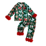 Toddler Kids Christmas Pajamas Tree Bows Print Pajama Girls Loungewear | Little Girl Christmas Pajamas Satin Lapel Fuzzy PJ Set Christmas Tree Bows Print Shirt Tops and Pants Kids Silk Sleepwear