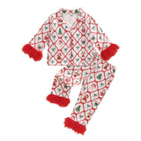 Toddler Kids Christmas Pajamas Tree Bows Print Pajama Girls Loungewear | Little Girl Christmas Pajamas Satin Lapel Fuzzy PJ Set Christmas Tree Bows Print Shirt Tops and Pants Kids Silk Sleepwear