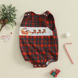 Newborn Baby Boy Christmas Outfit Embroidery Sleeveless Smocked Bubble Romper Plaid Overalls Bodysuit Winter Clothes
