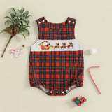 Newborn Baby Boy Christmas Outfit Embroidery Sleeveless Smocked Bubble Romper Plaid Overalls Bodysuit Winter Clothes