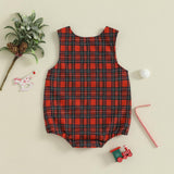 Newborn Baby Boy Christmas Outfit Embroidery Sleeveless Smocked Bubble Romper Plaid Overalls Bodysuit Winter Clothes