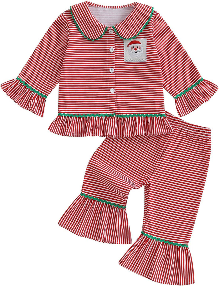 Biayxms Baby Kid Girls Ruffled Cotton Pajamas Set Long Sleeve Button Down Shirts Tops and Pants Matching 2PCS Pj Lounge Sets
