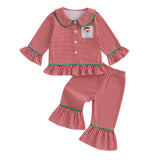 Biayxms Baby Kid Girls Ruffled Cotton Pajamas Set Long Sleeve Button Down Shirts Tops and Pants Matching 2PCS Pj Lounge Sets