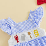 GOOCHEER Newborn Baby Boy Girl Summer Outfit Sailboat Lobster Smocked Bubble Romper Sleeveless Plaid Striped Bodysuit Clothes