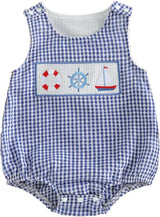 GOOCHEER Newborn Baby Boy Girl Summer Outfit Sailboat Lobster Smocked Bubble Romper Sleeveless Plaid Striped Bodysuit Clothes