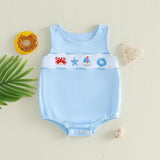 GOOCHEER Newborn Baby Boy Girl Summer Outfit Sailboat Lobster Smocked Bubble Romper Sleeveless Plaid Striped Bodysuit Clothes