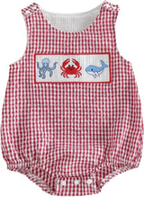 GOOCHEER Newborn Baby Boy Girl Summer Outfit Sailboat Lobster Smocked Bubble Romper Sleeveless Plaid Striped Bodysuit Clothes