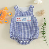 GOOCHEER Newborn Baby Boy Girl Summer Outfit Sailboat Lobster Smocked Bubble Romper Sleeveless Plaid Striped Bodysuit Clothes