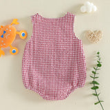 GOOCHEER Newborn Baby Boy Girl Summer Outfit Sailboat Lobster Smocked Bubble Romper Sleeveless Plaid Striped Bodysuit Clothes