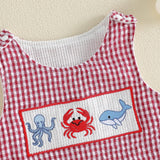 GOOCHEER Newborn Baby Boy Girl Summer Outfit Sailboat Lobster Smocked Bubble Romper Sleeveless Plaid Striped Bodysuit Clothes