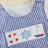 GOOCHEER Newborn Baby Boy Girl Summer Outfit Sailboat Lobster Smocked Bubble Romper Sleeveless Plaid Striped Bodysuit Clothes