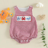 GOOCHEER Newborn Baby Boy Girl Summer Outfit Sailboat Lobster Smocked Bubble Romper Sleeveless Plaid Striped Bodysuit Clothes