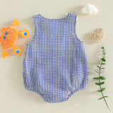GOOCHEER Newborn Baby Boy Girl Summer Outfit Sailboat Lobster Smocked Bubble Romper Sleeveless Plaid Striped Bodysuit Clothes
